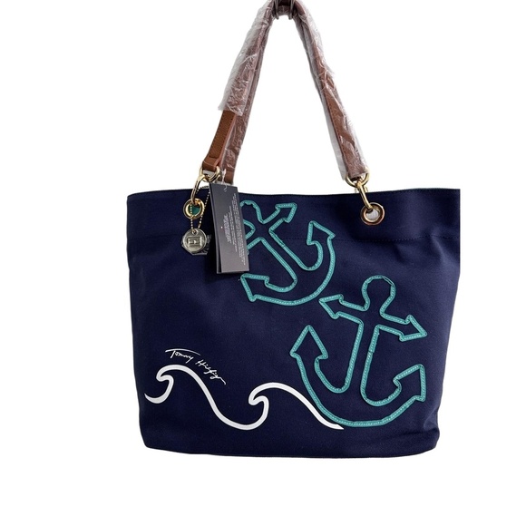 Tommy Hilfiger Nautical Anchor Canvas Tote Bag Navy & Green with Brown Handles - Picture 2 of 12